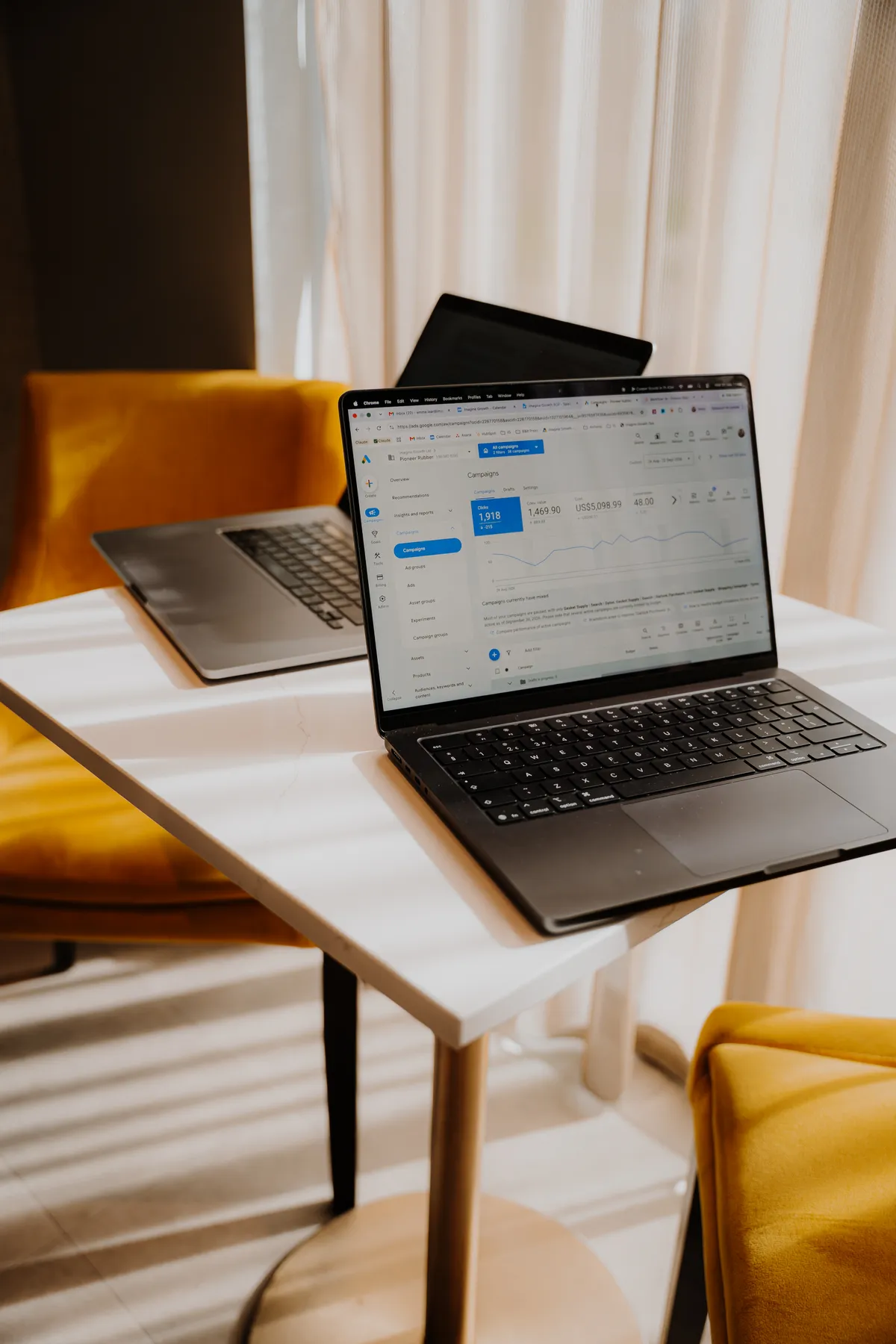 Google Ads campaign dashboard open on a laptop
