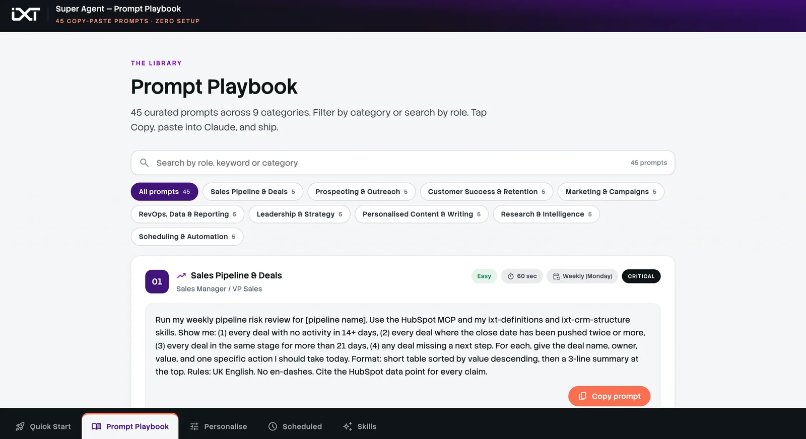The IXT Prompt Playbook: 45 curated prompts across 9 categories, searchable by role, each with a difficulty, a run time, a cadence and a copy button